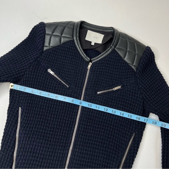 IRO Ceylona Navy Blue Waffle Pattern Knit Black Quilted Leather Edgy Zip Blazer - Picture 14 of 15